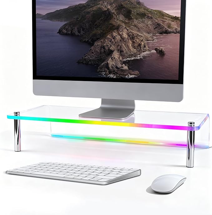Acrylic Monitor Stand with WRGB Lights, Music Sync Clear Desk Riser with App & Button Control, Off Desktop Shelf for Gaming Setup and Home Office, Computer, Laptop, Printer, 23.6 Inch
