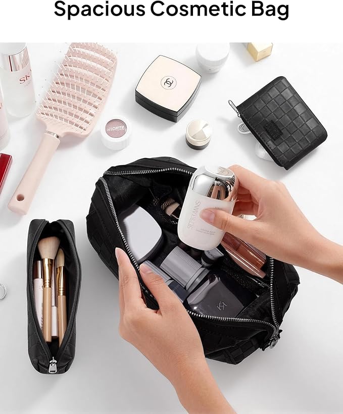 TOPEAST Travel Makeup Bag Cosmetic Bags for Women, 3 Pcs Set Make Up Toiletry Bag with Removable Zip Pouch, Waterproof Leather Makeup Brush Organizer for Travel Essentials, Black