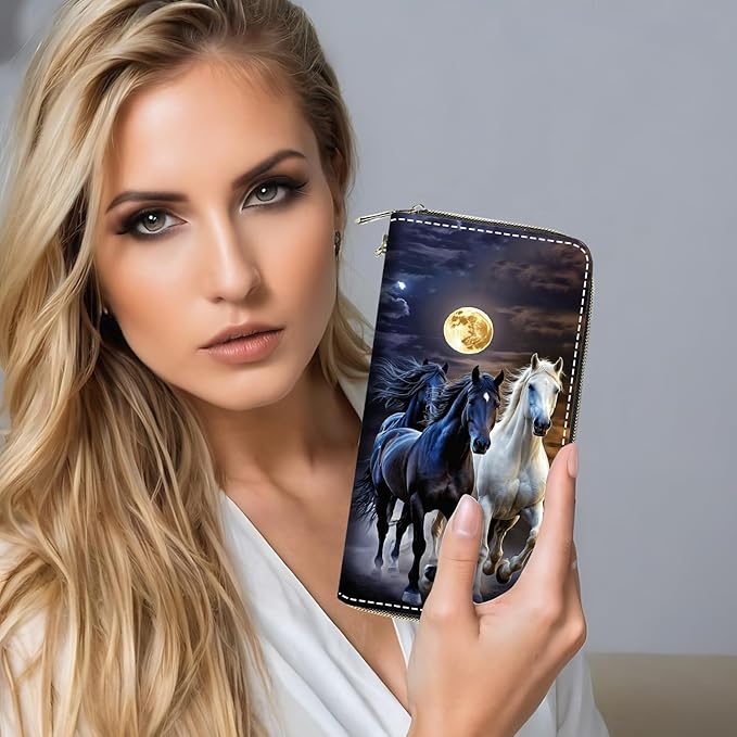 Running Horse Under The Moon Print Women Large Capacity PU Leather Zip Around Wallet, Multifunctional Clutch Purse for Cash/Card/Coin/Smart Phone