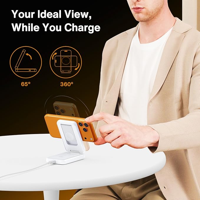 iVANKY Wireless Charging Station for iPhone 17, 3 in 1 Foldable Charger for MagSafe Magnetic Stand for iPhone 17/16/15/14/13/12/X Pro/Max/Plus/Air, Apple Watch, Airpods, Ivory (With 33W Power Adapter)