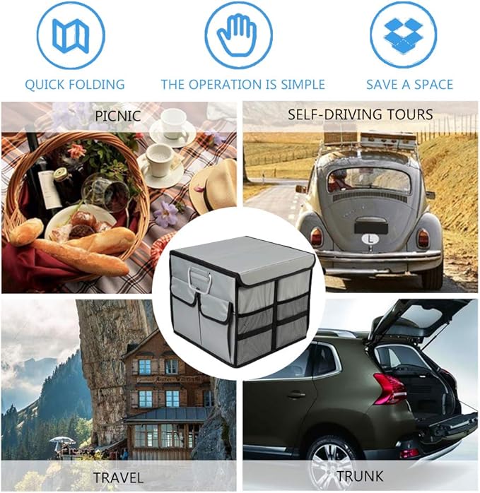 Car Trunk Organizer Collapsible Portable Multi Compartments Organizer with Non Slip Straps for SUV Truck Auto Vehicle Car Auto Minivan (Small covered, Space gray)