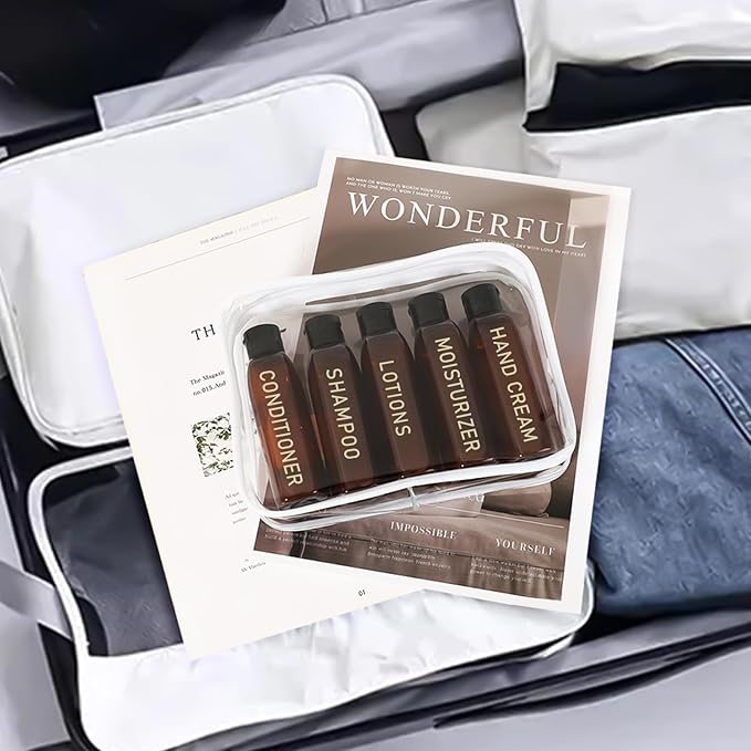 5 Pack Travel Bottles for Toiletries, 3.4oz TSA Approved Travel Size Containers, Leak Proof Refillable Travel Accessories for Shampoo Conditioner, Plastic Travel Bottles with Toiletry Bag and Label.
