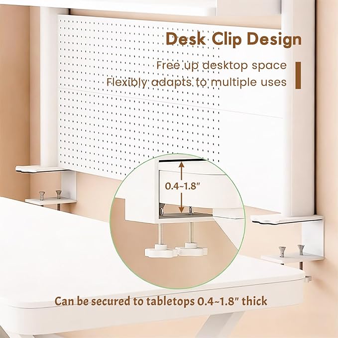 Clamp On Desk Shelf Organizer with Pegboard Desk Hutch Dorm with Storage Bookshelf Desk Top Organizer Shelf Multi-Purpose White & Black Desktop Shelves & Office Shelves (White, W - 23.6")