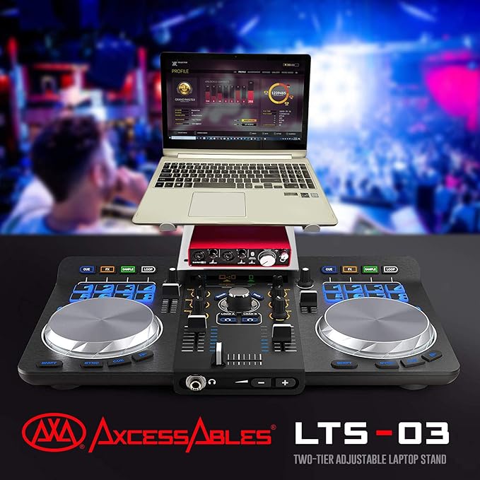 AxcessAbles Two-Tier Adjustable DJ Stand with Clamps | For Controllers and Laptops up to 20lbs.| Controller Stand Compatible with DDJ-REV1, DDJ-FLX4, Party Mix | (LTS-03 White)