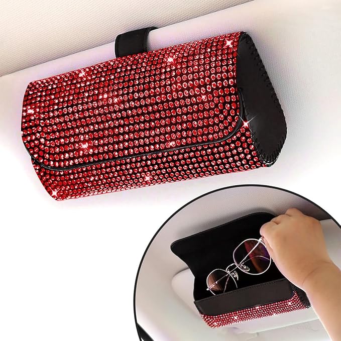 Osilly Bling Car Sunglass Holder for Sun Visor, Sparkling Crystal Leather Automotive Eyeglasses Mount Clip Organizer with Hidden Magnetic Closure for Men Women, Universal for SUV Truck Van(Red)