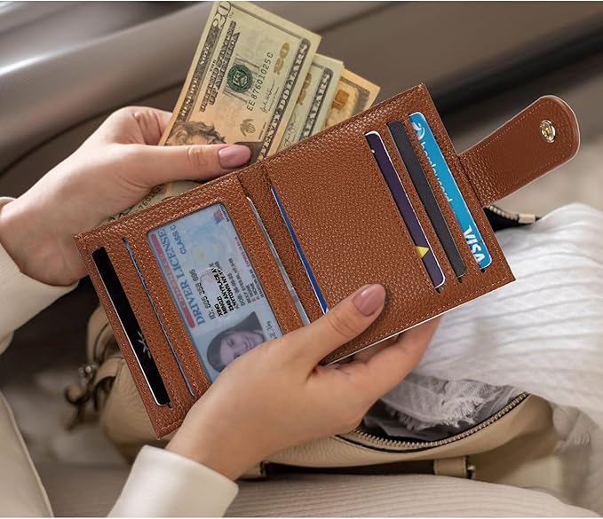 BOSTANTEN Slim Wallet for Women Small RFID Blocking Credit Card Holder Leather Bifold Wallets with Zipper Coin Pocket Beige&Brown
