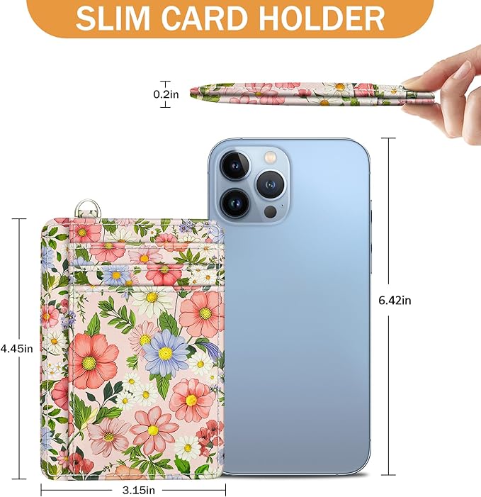 Yonlevres Credit Card Holder Slim Wallet, Floral RFID Wallet Women Front Pocket Small Card Holder, Travel Cute Thin with ID Window PU Leather RFID Blocking Case Organizer Gift Girls Ladies