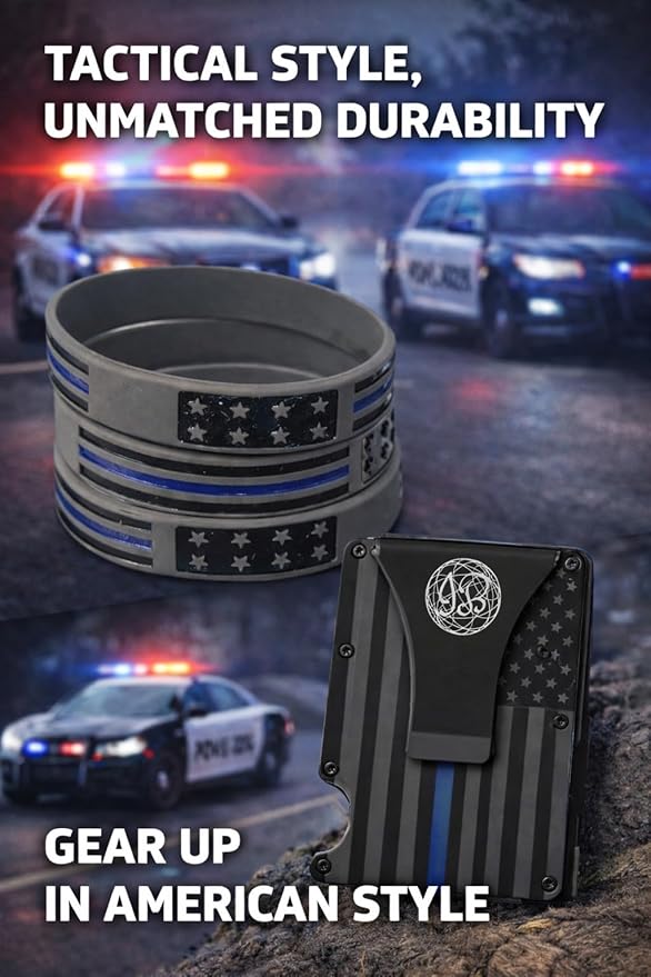 Black & Gray American Flag Engraved, Minimalist Wallet, RFID Blocking Aluminum Slim Wallet (Blue Clip with 3 V.Band)