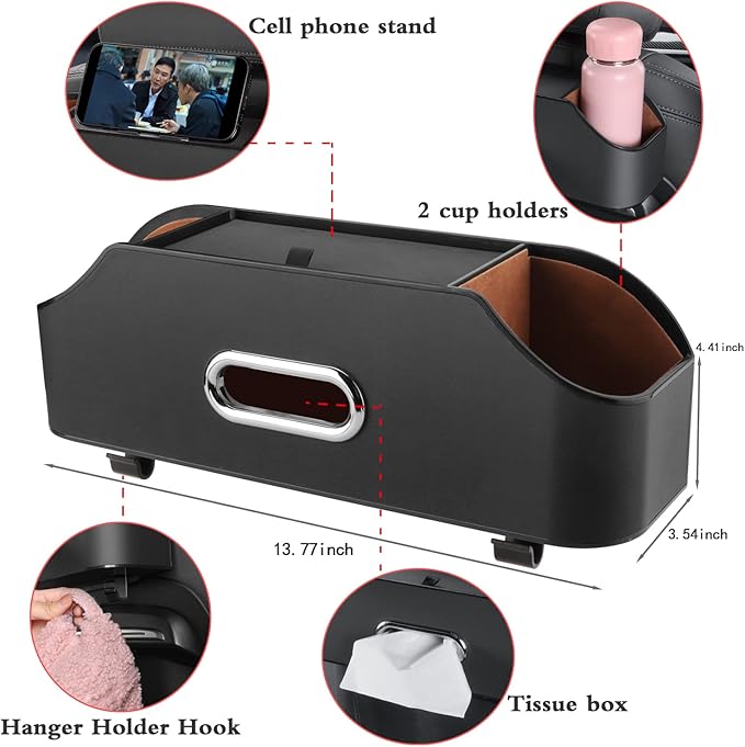 Car Seat Back Organizer - Stylish & Functional Storage for Family Adventures - Cup Holders, Tissue Box & Hooks - Perfect for Kids, Road Trips & Travel (Black)