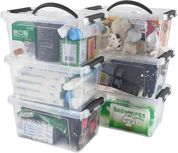 Eslite 6 Quart Plastic Stackable Storage Latch Bins,Clear Latching Box with Handle and Lid,Pack of 6 (Black Handle)