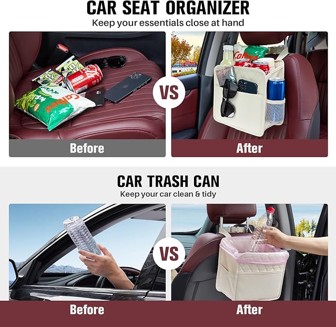 LXUNYI Back Seat Car Organizer, Large Car Seat Organizer with Cup Holders Multifunctional Over the Car Seat Organizer Backseat Hanging Leather Car Seat Organizers and Storage Bags(Beige 1Pack)