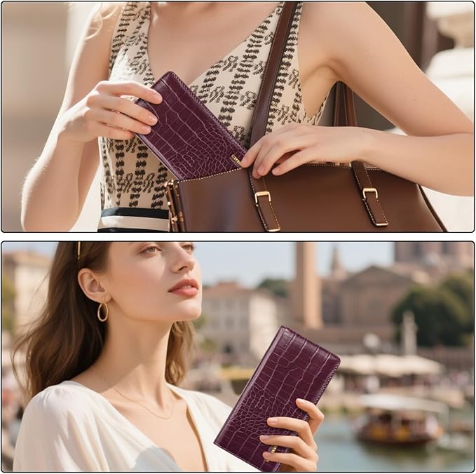 Wallet Women Bifold Faux Crocodile Leather Minimalist Slim Thin Long Wallets RFID Blocking Credit Cards Holder Purse with Back Zipper Coin Pocket for Women and Men,Plum