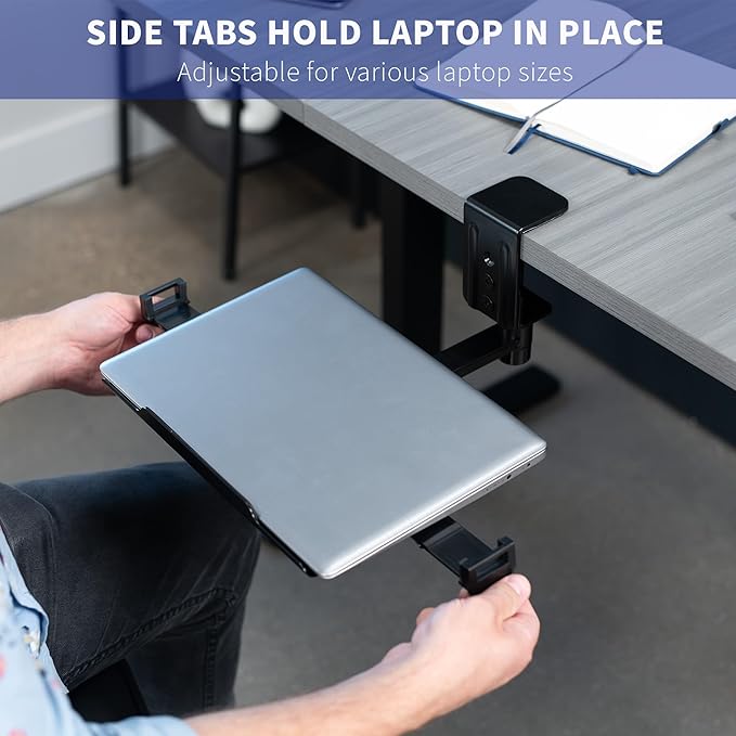 VIVO Clamp-on 12 x 9 inch Rotating Laptop Tray, Extra Sturdy Single Desk Swivel Clamp, Ergonomic Typing, Black, MOUNT-LAP1CB