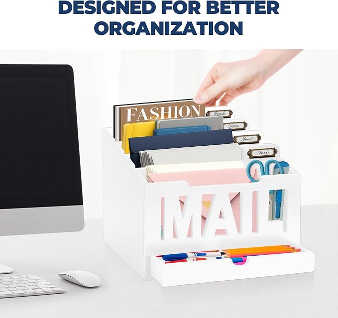 Mail Organizer Countertop – White Holder for Desk with 4 Slots, Drawer & Label Tags, Decorative Desktop Sorter, Envelope Tray for Home Office Organization (11x7x9.5 in)
