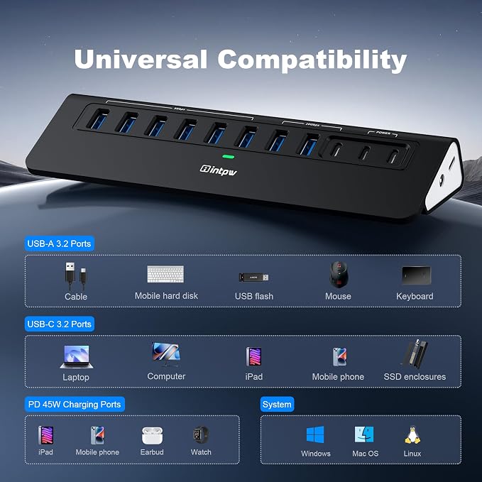 Powered USB Hub 10Gbps, Intpw YH9AC Plus 13-Port USB 3.2 Hub(USB A/USB C 3.2+6 USB-A 3.0+2 PD 45W Fast Charging Ports+SD/TF Card Reader), 65W Power Adapter,Aluminum USB HUB for PC,Laptop,iPhone 17/16