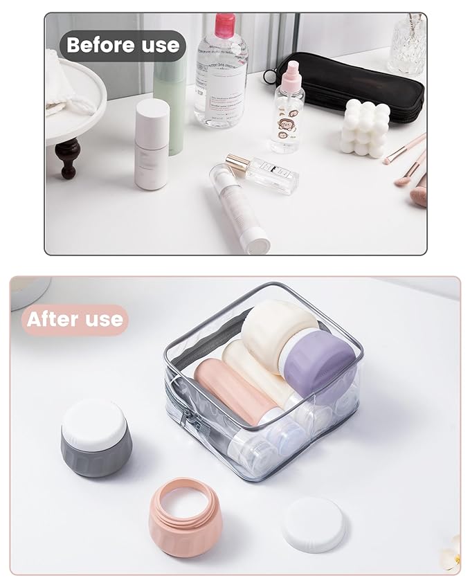 Mrsdry Travel Size Toiletries 8 Pack, TSA Approved 3oz Silicone Squeeze Bottles & Cream Jars with Clear Travel Bag