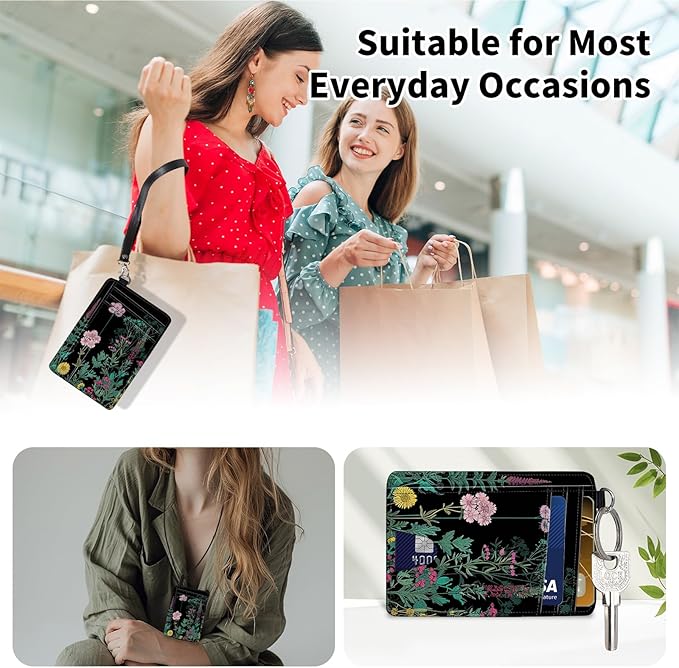 Slim Minimalist Front Pocket Wallet,Credit Card Holder Wallet for Women Men,RFID Blocking Credit Card Holder Case Leather Cute Small Thin Wallet ID Window&Wrist Strap,Floral Palnt