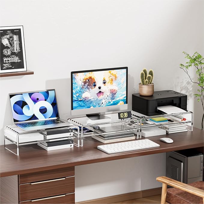 Egchi Acrylic Monitor Stand Riser, 2 Tier Clear Computer Monitor Stand for Home Office Business, PC Desk Stand Monitor Riser for Keyboard Storage, Laptop, Printer and TV Screen -12x7.2x5.12 inches