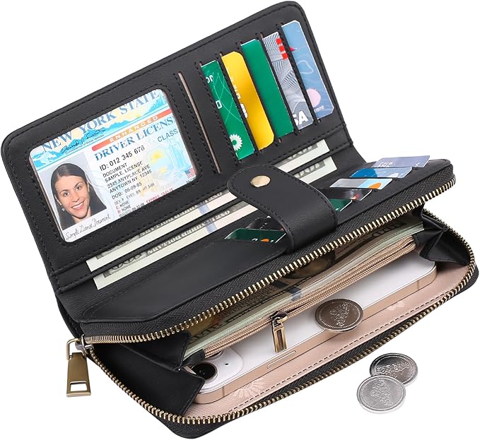 GAEKEAO Wallet for Women Clutch RFID Blocking Wristlet Leather Purse Large Capacity Credit Card Holder with Grip Hand Strap