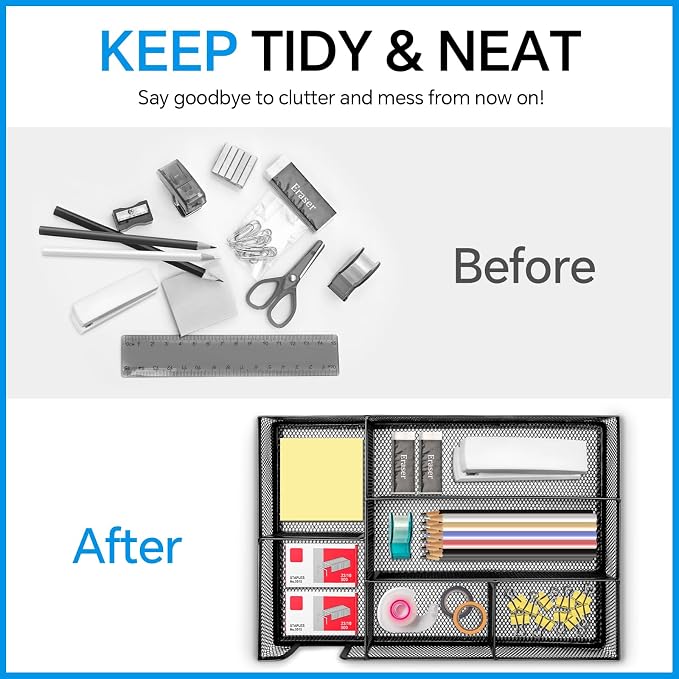 Desk Drawer Organizer, Office Drawer Divider Organizer Tray with 6 Compartments, Metal Mesh Desktop Organization and Accessories for Stationery Makeup Kitchen Toolroom School &Office, 12.6x8.27x1.6 in