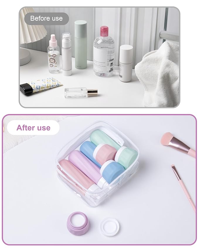 Mrsdry Travel Bottles for Toiletries 8 Pack, Travel Size Toiletries, Tsa Approved Travel Size Containers 3oz, with Travel Essentials Clear Bag, Leak Proof Silicone Squeezable Creams Jars
