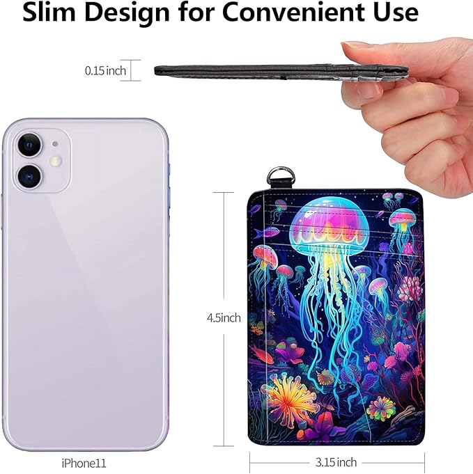 Slim RFID Blocking Card Holder Wallet with Wrist Strap - Minimalist Front Pocket Wallet, Colored jellyfish Design, PU Leathe, for Men & Women, Ideal for Travel & Gifts