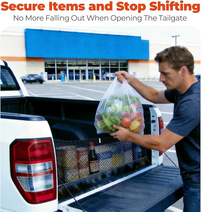 3-Layer Cargo Net for Toyota Tundra 2007-2021, Zoned Storage Truck Bed Net with Foldable Zippered Bottom Bag, Heavy-Duty Cargo Organizer Netting for Camping, Trips & Everyday Use