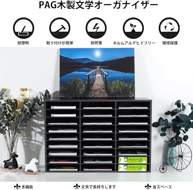 PAG Mail Sorter Organizer, Wood Literature Organizer, Student Mailbox for Classroom, Desktop Bill Paper Organizer for Office Home School, 27 Compartments, Dark Gray