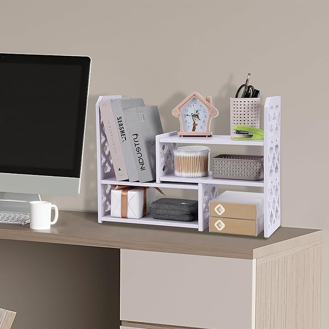 Felmis Desktop Organizers Shelves for Office Desk, Small Bookshelf for Desktop Storage, PVC Adjustable Display Shelf, Makeup Shelf for Dorm, Home Decor