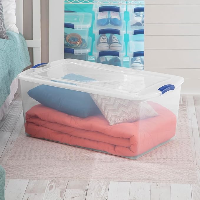 105 Qt. Plastic Storage Bin with Durable Lid, Stackable and Nestable Clear Tote Container Featuring Blue Buckles, Ideal for Organization and Storage Purposes (1-Pack)