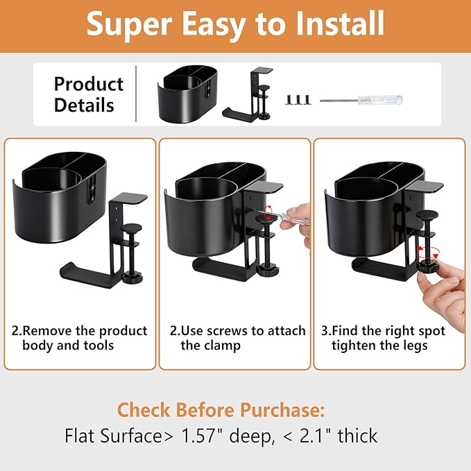 MYITYARD 4 in 1 Desk Cup Holder, Clamp On Drink Holder with Headphone Hanger, Anti-Spill Clip on Desk Organizer for Pen Phone Mug, Gaming Office Desk Accessories fits Most Desks