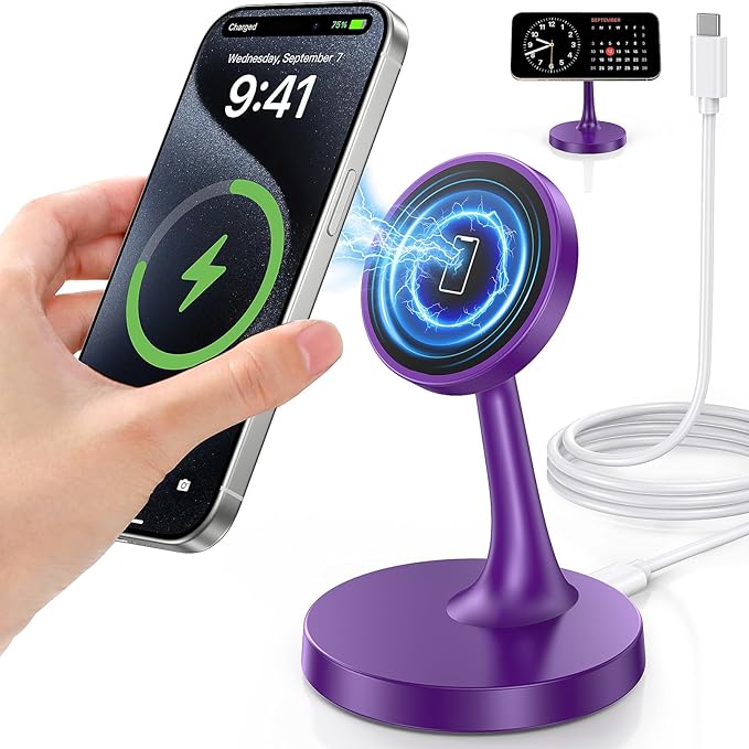 Magnetic Wireless Charger iPhone Stand, 15W Fast Mag-Safe Charger iPhone 17/17 Air/17 Pro/17 Pro Max 16/15/14/13/12 Series Magnet Wireless Charging Station/Pad/AirPods for Home, Office, Travel