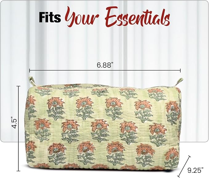 Cotton Hand Block Floral Print Toiletry Bag For Women Make Up Cosmetic Bag Jewelry Organizer Kit Storage Bag Case Travel Accessories Essential Toiletries Purse Open Pouch (Light Green, Set of 1)