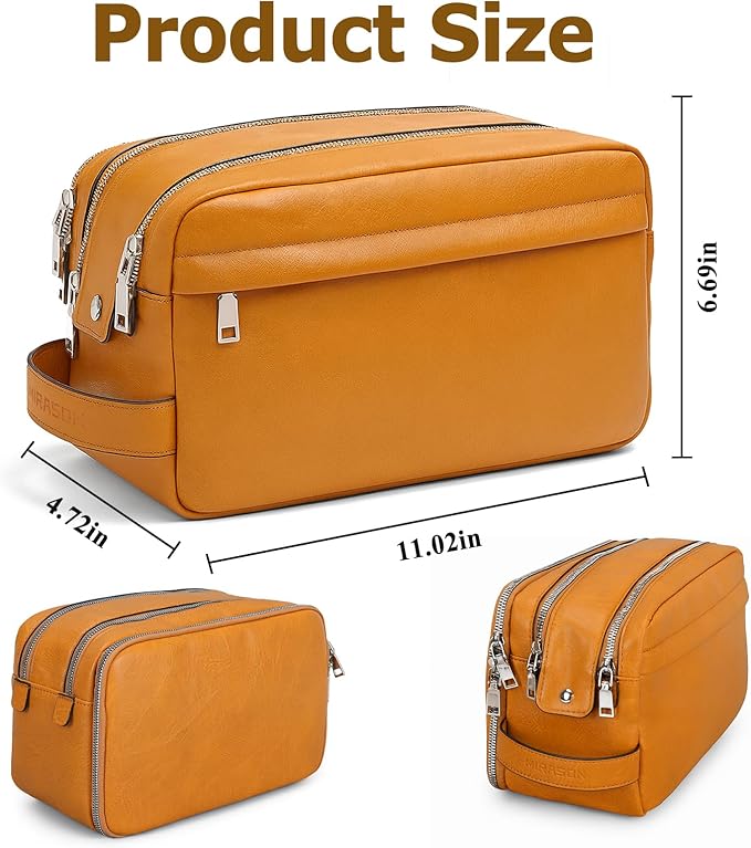 MIRASON Travel Toiletry Bag for Men Thickened Leather Travel Bag for Toiletries, Dopp Kit Water-resistant Shower Bag for Shaving Gym Bathroom Organizer Gifts for Men, Brown