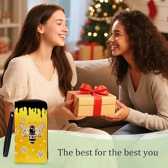Bee-Themed Wallet for Women - Slim PU Leather Womens Wallet with Cash Zipper Coin Purse, Small Credit Card Holder Travel Wallet, Wristlet Wallets for Female Ladies Teen Girls Purse (Bee Lovers Gift)