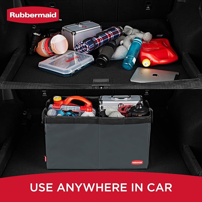 Rubbermaid Car Organizer, Collapsible Trunk Organizer, Multi-Compartment Car Storage Organization for Car Accessories, 2 Compartments With Cover, 21.65"*14.17"*12.2" - Gray