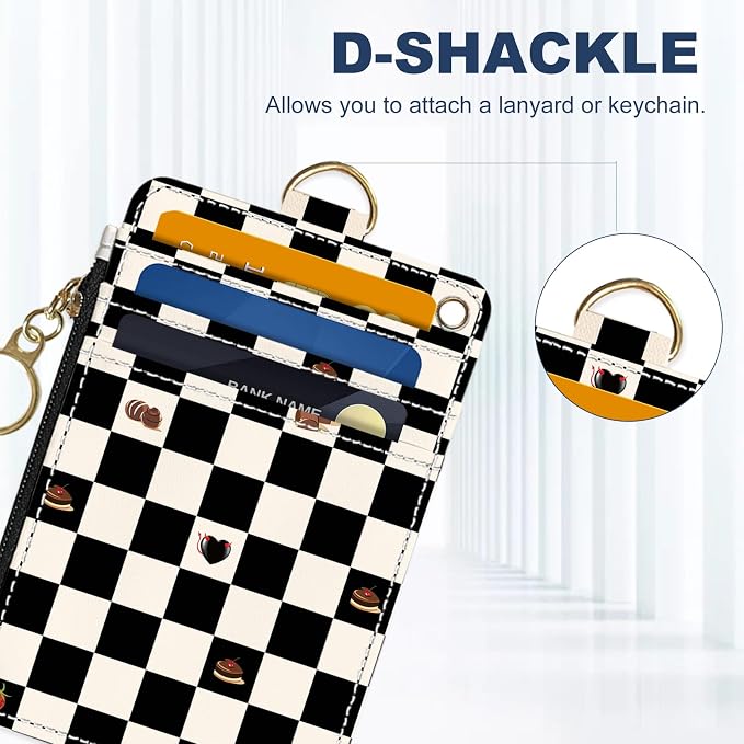 Slim Wallet Credit Card Holder, Checkered Pattern And Cake, RFID Wallet Women Cute Small Front Pocket Wallet With Zipper, PU Leather Thin travel RFID Blocking Card Case ID Window ,Ladies Gifts