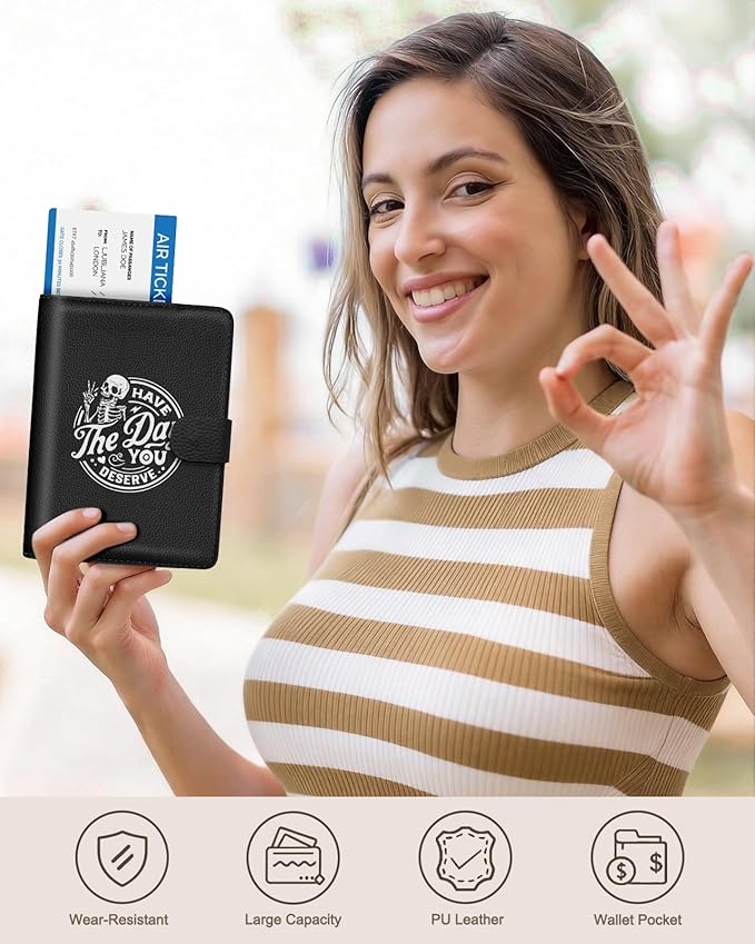 Slohif Passport Wallet Holder Cover for Travel - Women Men RFID Blocking Passport Book Case Protector, Black Fun Skull Skeleton Leather Personalized Organizer Slim Carrier Boarding Pass Cards Slots