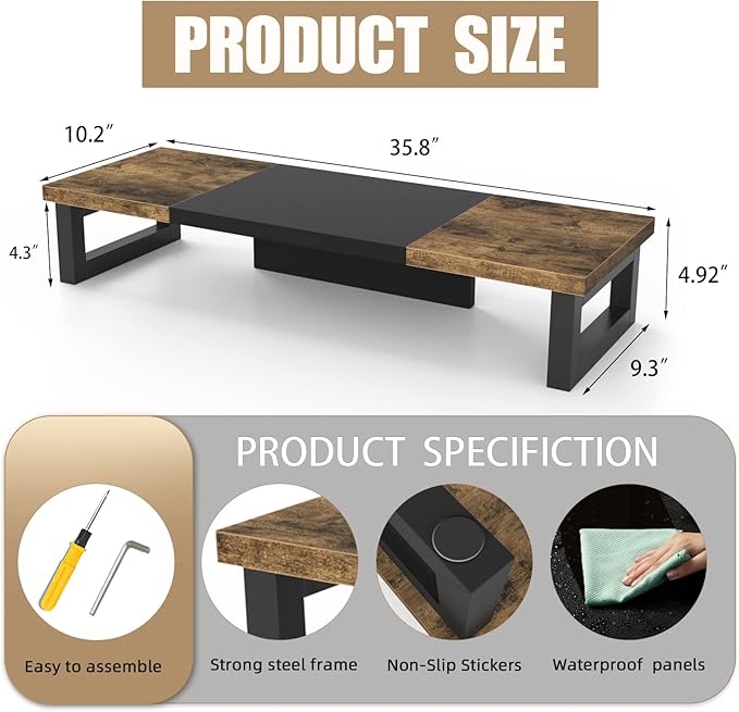 WESTREE Dual Monitor Stand Riser, Wood and Steel Multi-Purpose Desktop Storage Stand for 2 Monitors for Computer, Laptop, Printer, TV, Rustic Brown