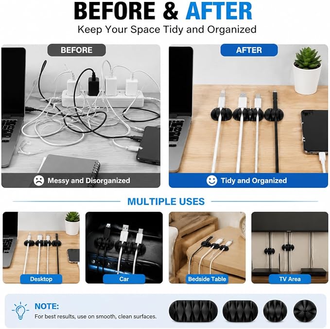 16-Pack Black Adhesive Cable Clips - Cord Organizer for Desk Wall Car, Strong Sticky Wire Management Holders for iPhone Charger USB Computer Cables, Tidy Cord Keeper with Removable Backing