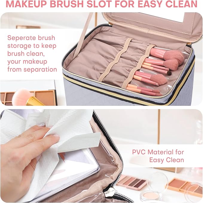 HXLGMD Large Makeup Bag with Mirror Double Layer Travel Make Up Organizer Case, Large Capacity Coemetic with Brush Slot Divider, Travel Toiletry Bag for Women (Grey)