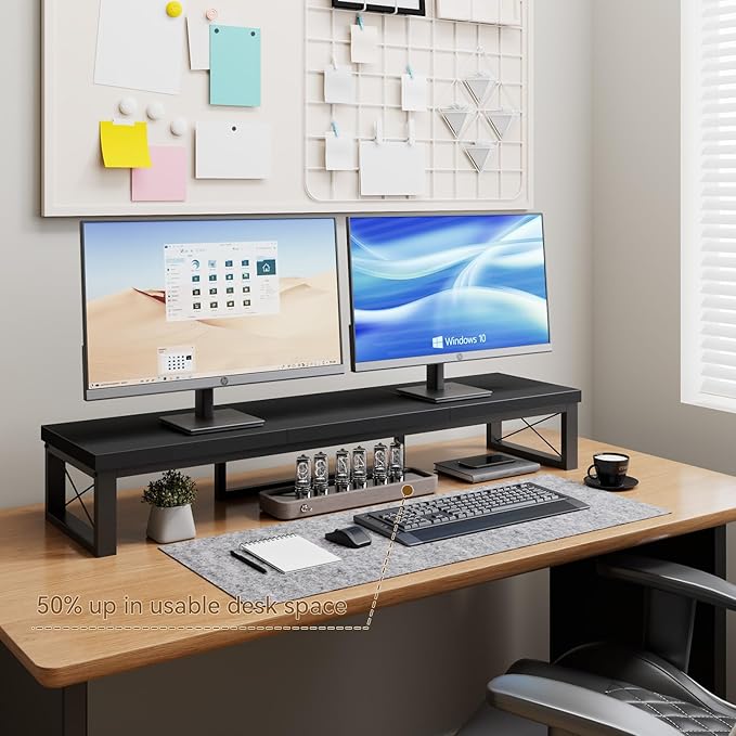 IBUYKE Large Dual Monitor Stand Riser for 2 Monitors, Wooden Desktop Computer Monitor Stand Storage Shelf and Steel Legs,Dual Screen Office Desk,Monitor Riser for Computer, Printer,Laptop,TV,Black UTDJ002B