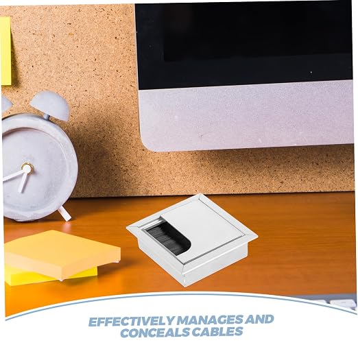 Aluminum Alloy Cable Management Box Stylish Square Desk Grommet Dustproof Brush Lining Wire Organizer for Home Office Cord Cover Silver