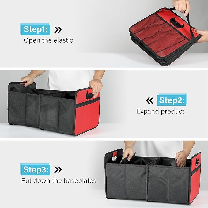 Simple Deluxe Trunk Organizer for Car/SUV/Truck, Collapsible 2 Compartment 50L Automotive Storage Box with 5 Pocket, 600D Waterproof Oxford Polyester, Anti-slip & Leak-proof, Red