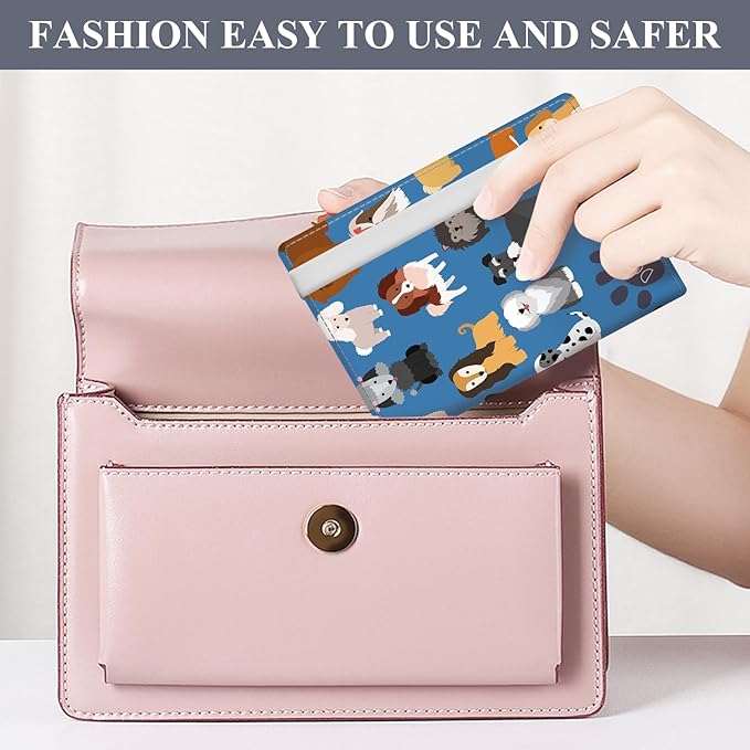 Passport Holder for Travel Essentials, RFID Premium Leather Passport Wallet Cover Case for Travel Must Haves Accessories, Passport Book Holders for Women Men Cute Blue Dogs