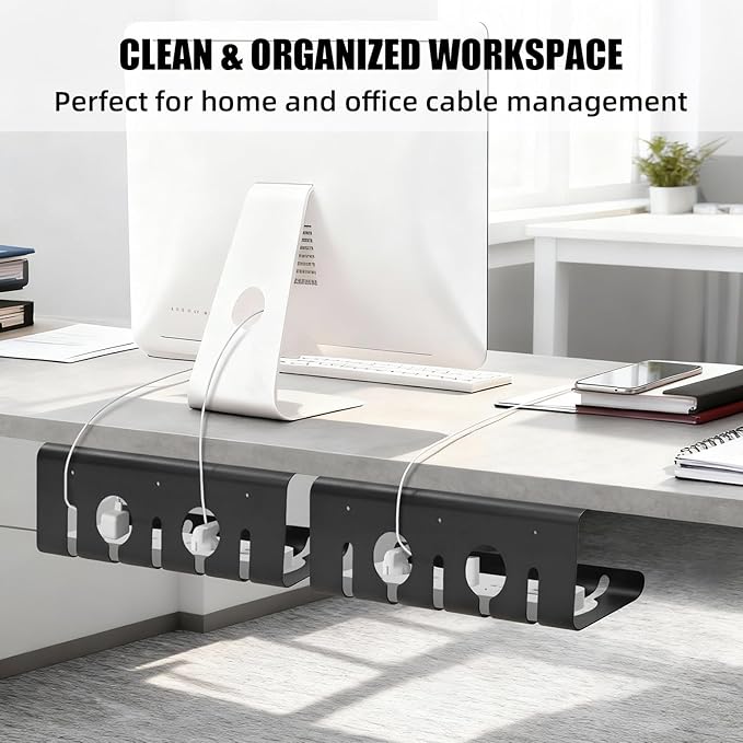 Large Metal Under Desk Cable Management Tray, 16.5"L x 4.7"W x 6.8"H, 2 Pack Under Desk Cable Tray, Wire Organizer for Power Strip, Tape Mount or Screw Mount, Easy Install Cord Raceway for Desk & Home