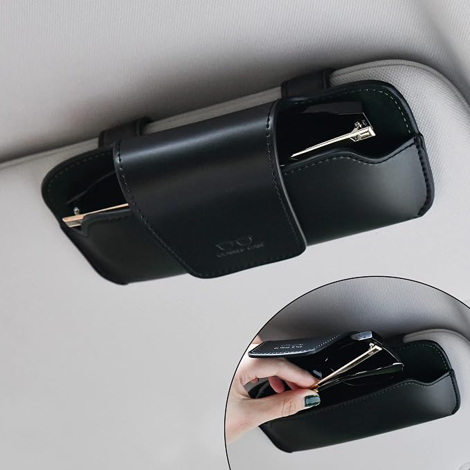 Sunglass Holder for Car Visor, Car Sunglasses Holder Leather, Eyeglasses Holder Glasses Storage Case Visor Accessories
