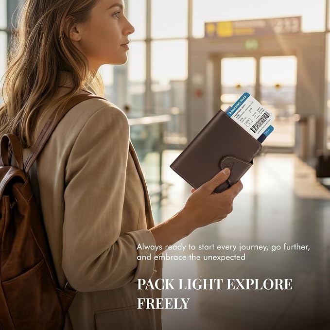 ALLIVE Passport Holder for Travel, Genuine Leather Passport Wallet with Built-in AirTag Slot, Magnetic Closure RFID Blocking Passport Cover Case for Women Men, Travel Essentials Gifts (Coffee Brown)