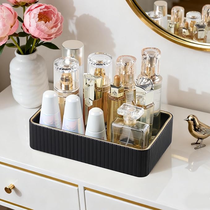 Desk Organizer Tray, PU Leather Nightstand Organizer Perfume Valet Tray for Men Women, Decorative Vanity Trays Trinket Dish Key Bowl for Entryway Table (Black, Small)