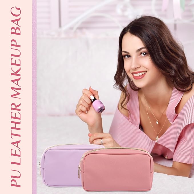 Sweetude 10 Pcs Makeup Bag Bulk for Women Preppy Gift PU Leather Cosmetic Bag Small Skincare Toiletry Pouch Mother Travel Cosmetic Pouch for Bridesmaid Bride Wedding Gift Favors (Pink and Purple)
